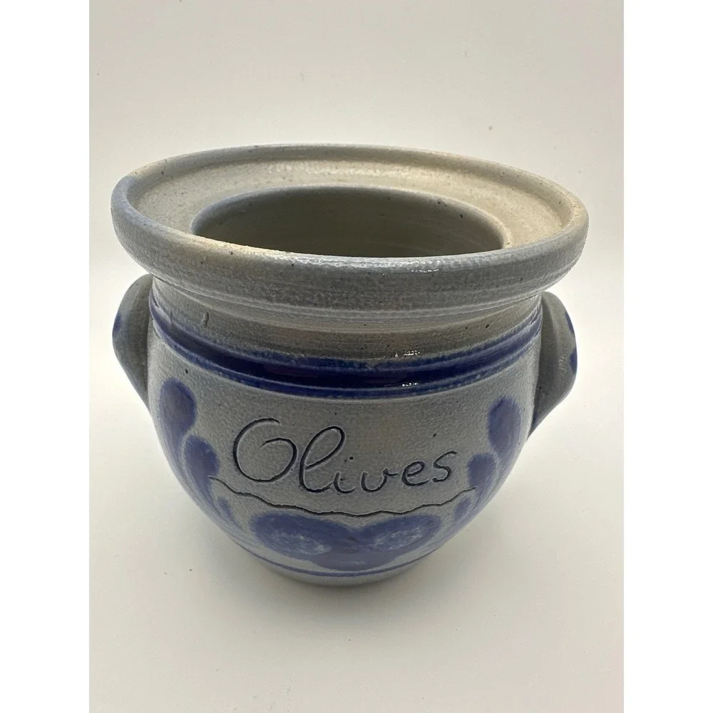 Burger Betschdorf Alsace France Salt Glazed Stoneware Olive Jar Cobalt Blue 3.5